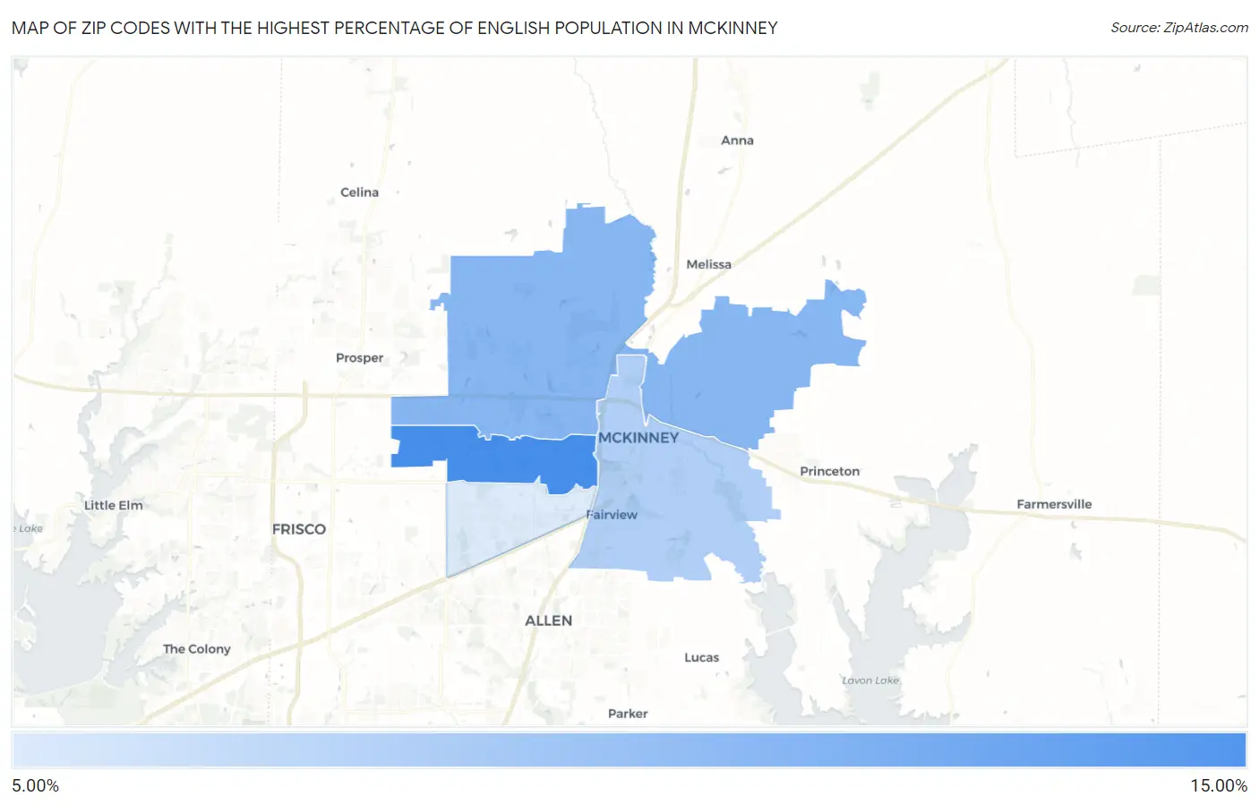 Zip Codes with the Highest Percentage of English Population in Mckinney Map