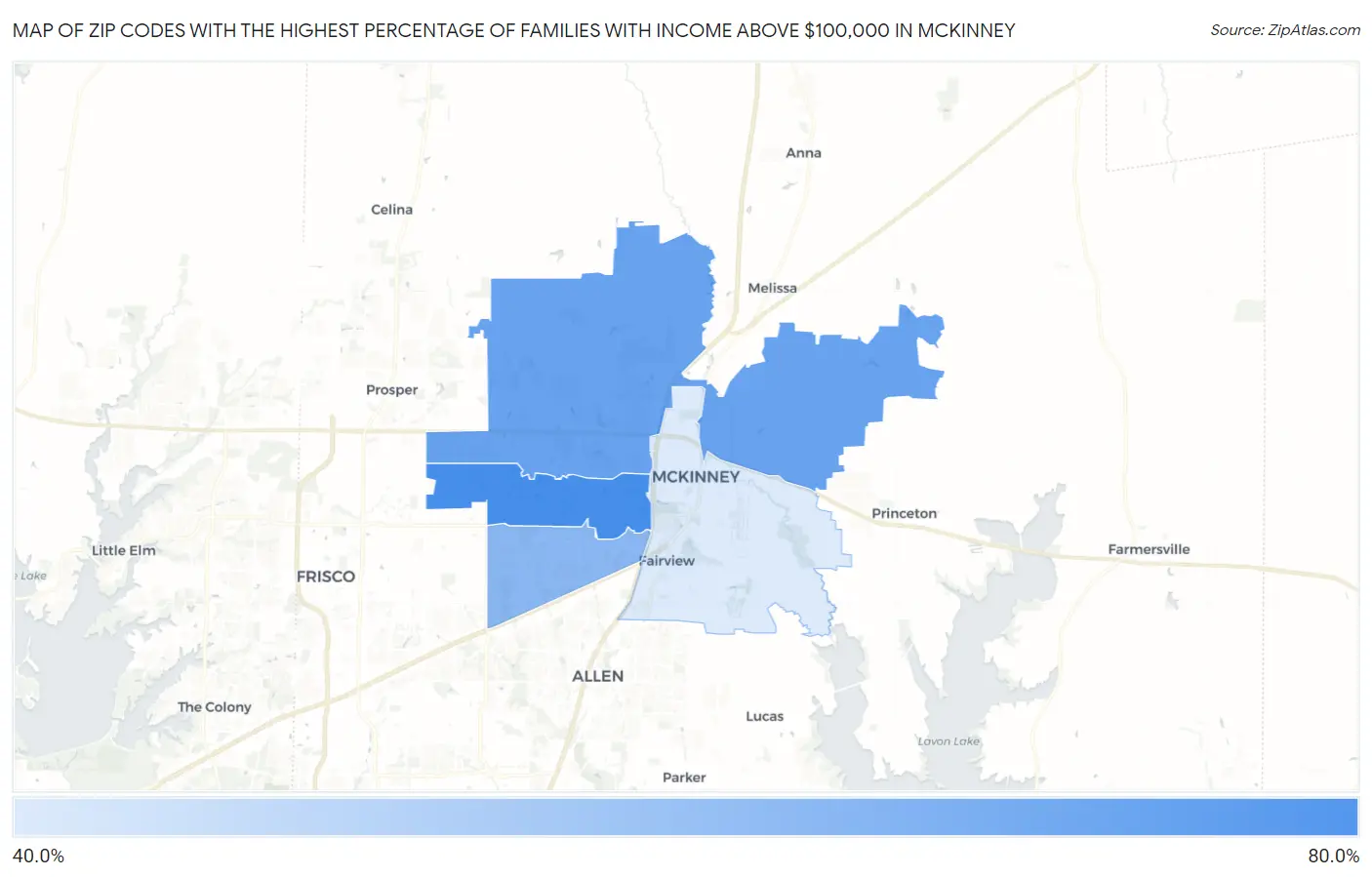 Zip Codes with the Highest Percentage of Families with Income Above $100,000 in Mckinney Map