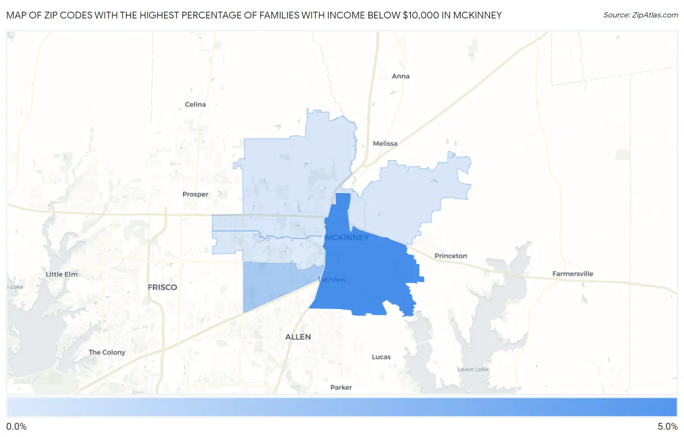 Zip Codes with the Highest Percentage of Families with Income Below $10,000 in Mckinney Map