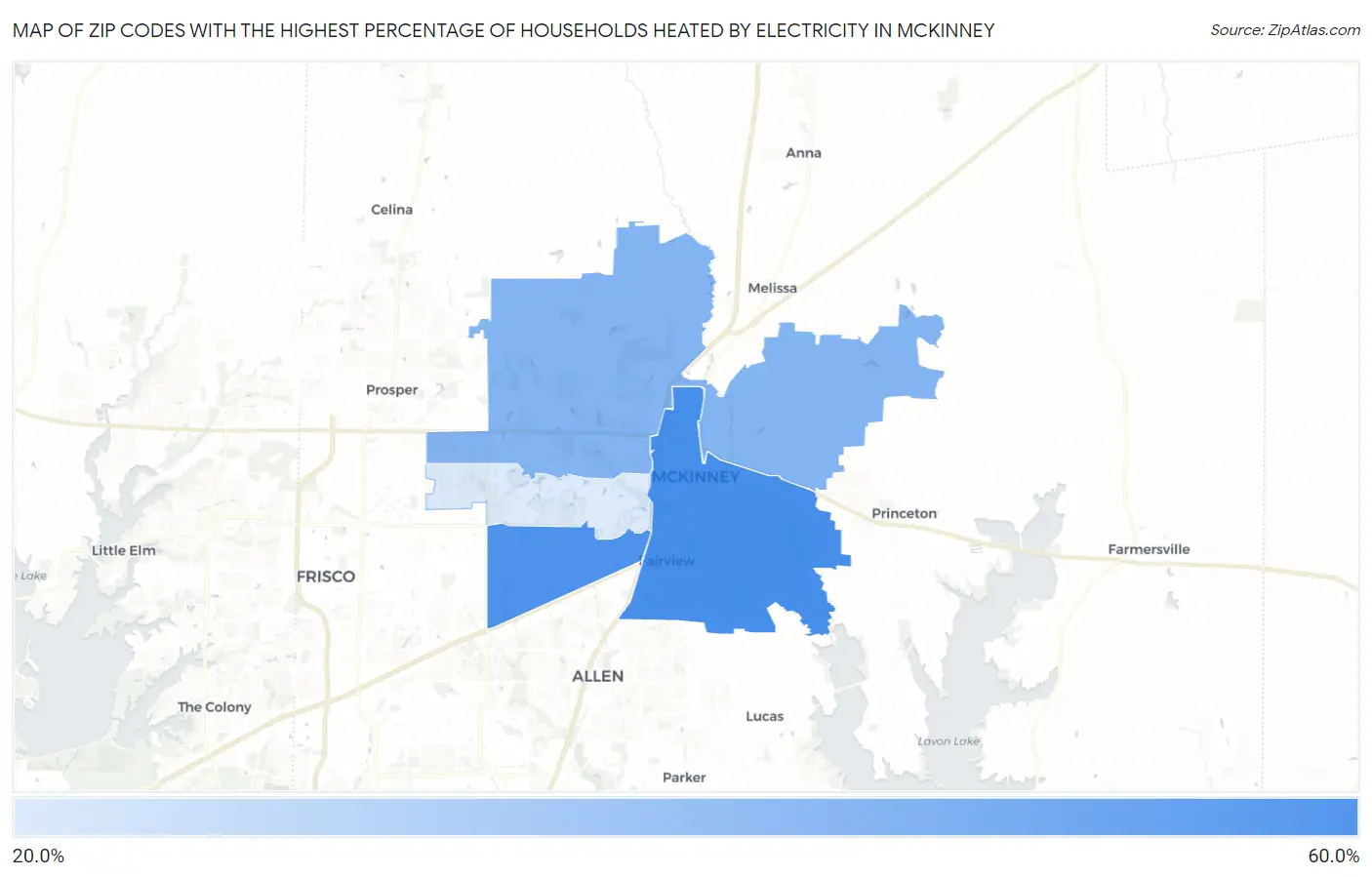 Zip Codes with the Highest Percentage of Households Heated by Electricity in Mckinney Map