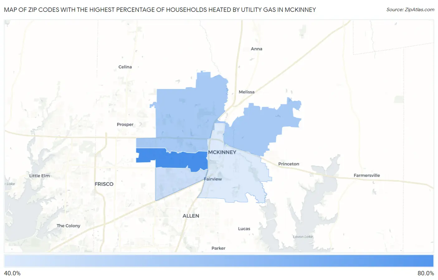 Zip Codes with the Highest Percentage of Households Heated by Utility Gas in Mckinney Map