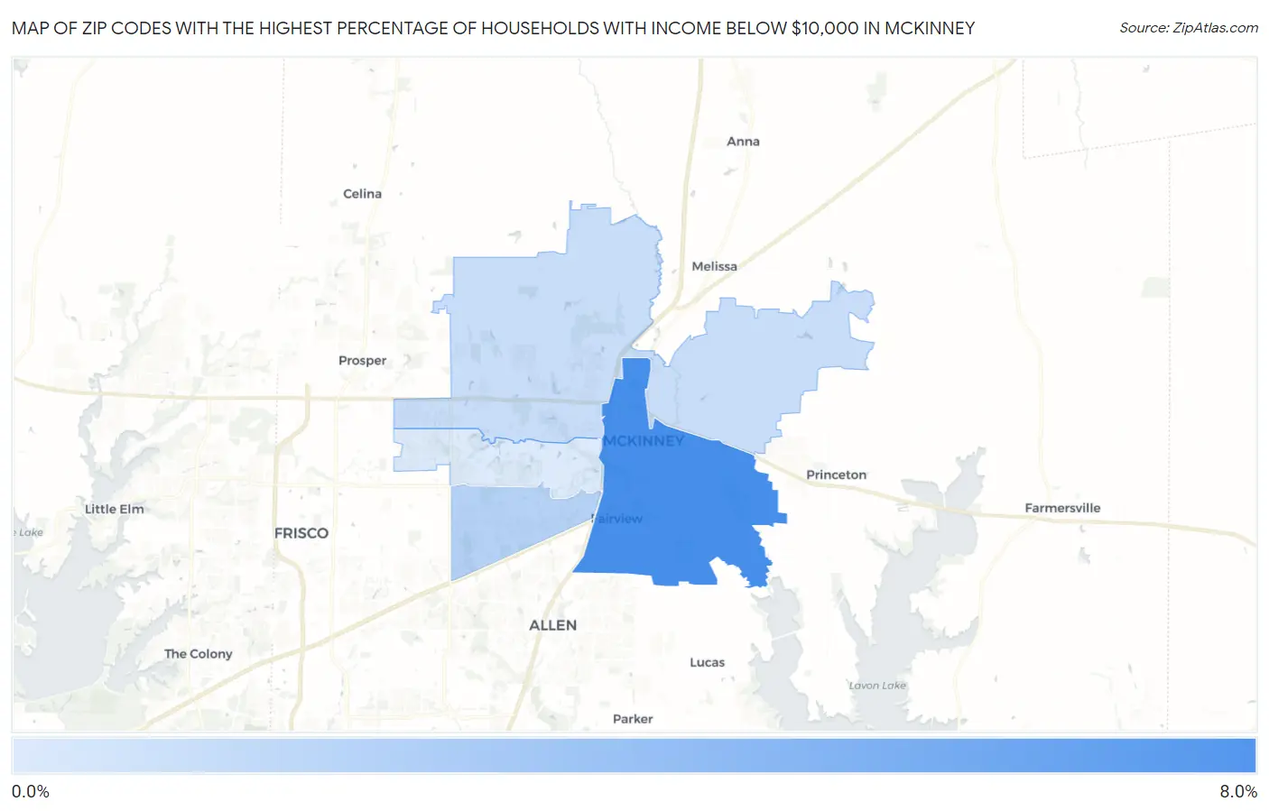 Zip Codes with the Highest Percentage of Households with Income Below $10,000 in Mckinney Map