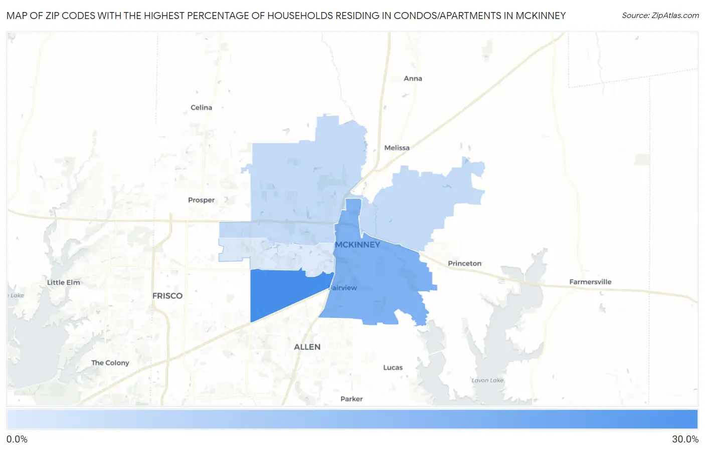 Zip Codes with the Highest Percentage of Households Residing in Condos/Apartments in Mckinney Map