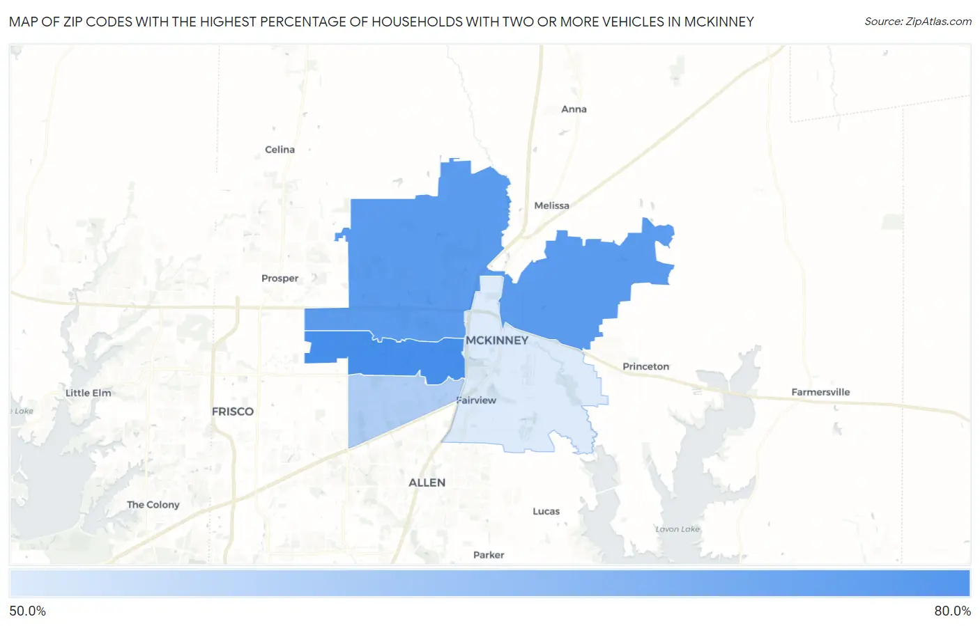 Zip Codes with the Highest Percentage of Households With Two or more Vehicles in Mckinney Map