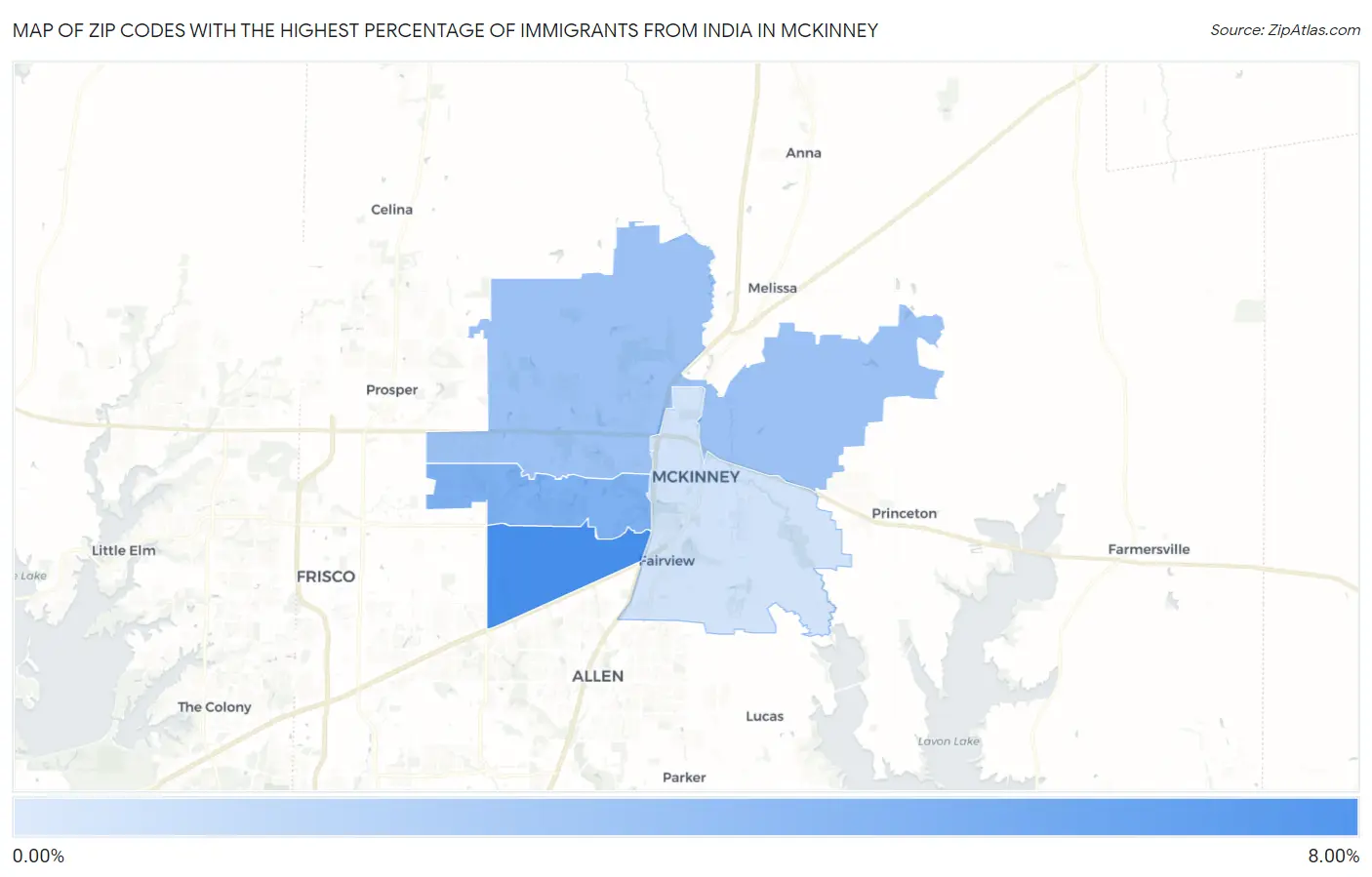 Zip Codes with the Highest Percentage of Immigrants from India in Mckinney Map