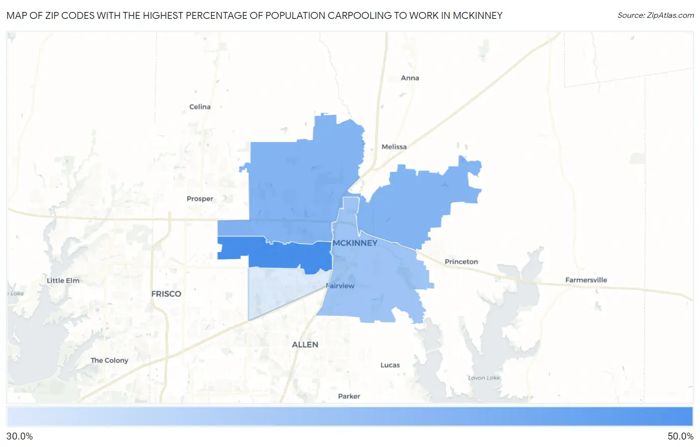 Zip Codes with the Highest Percentage of Population Carpooling to Work in Mckinney Map