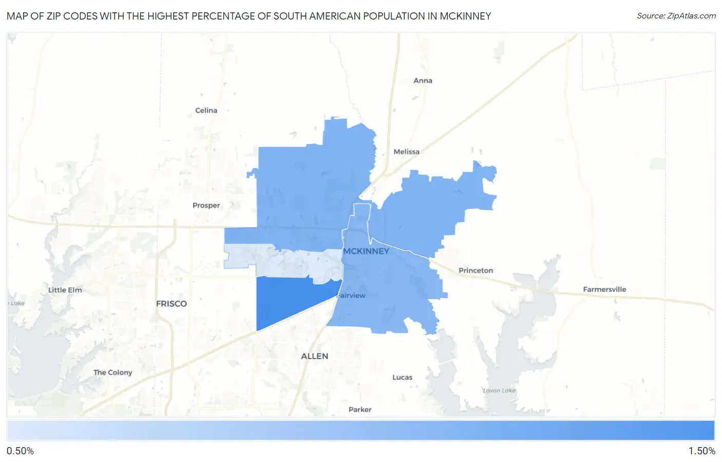 Zip Codes with the Highest Percentage of South American Population in Mckinney Map