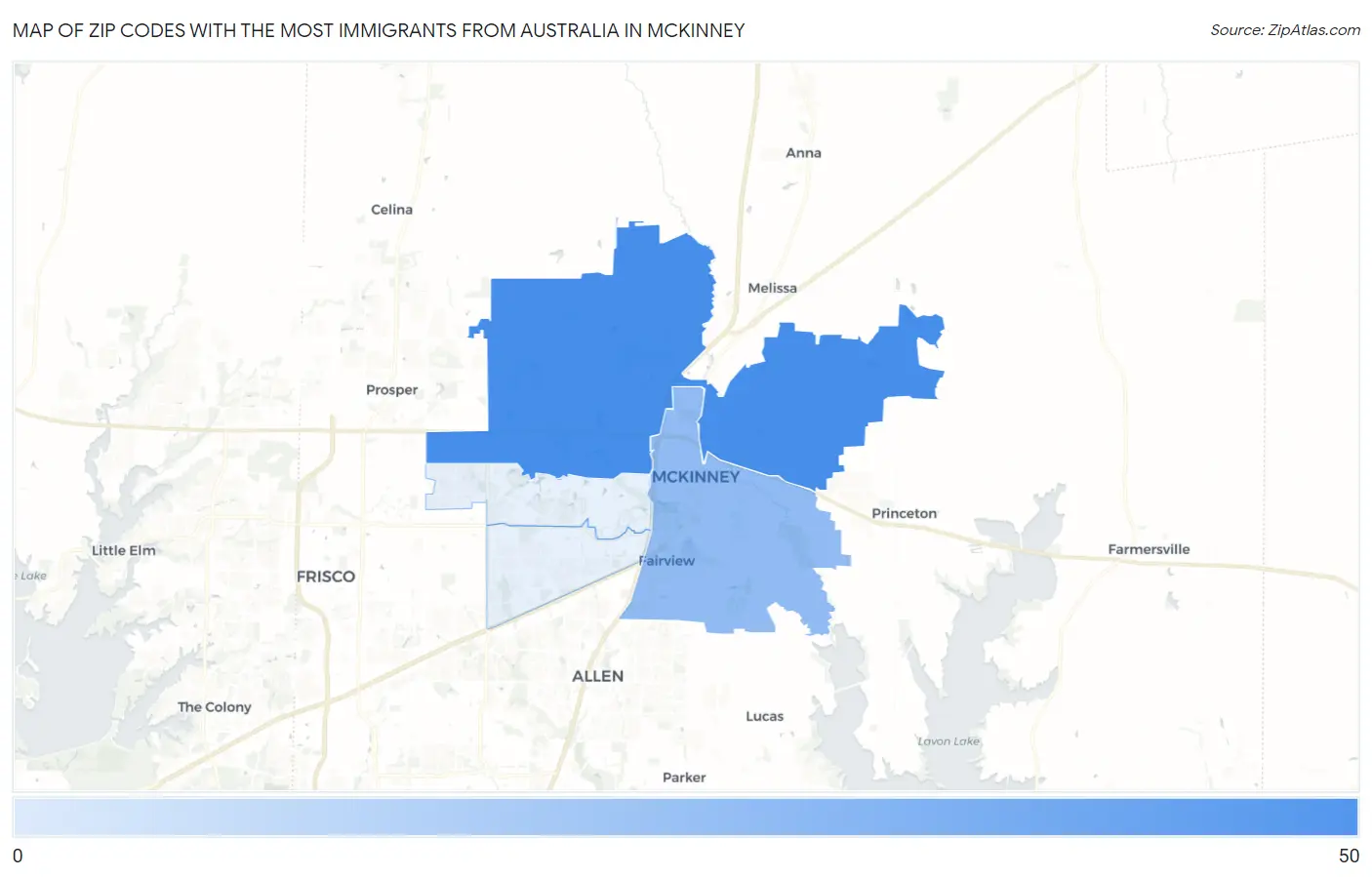 Zip Codes with the Most Immigrants from Australia in Mckinney Map