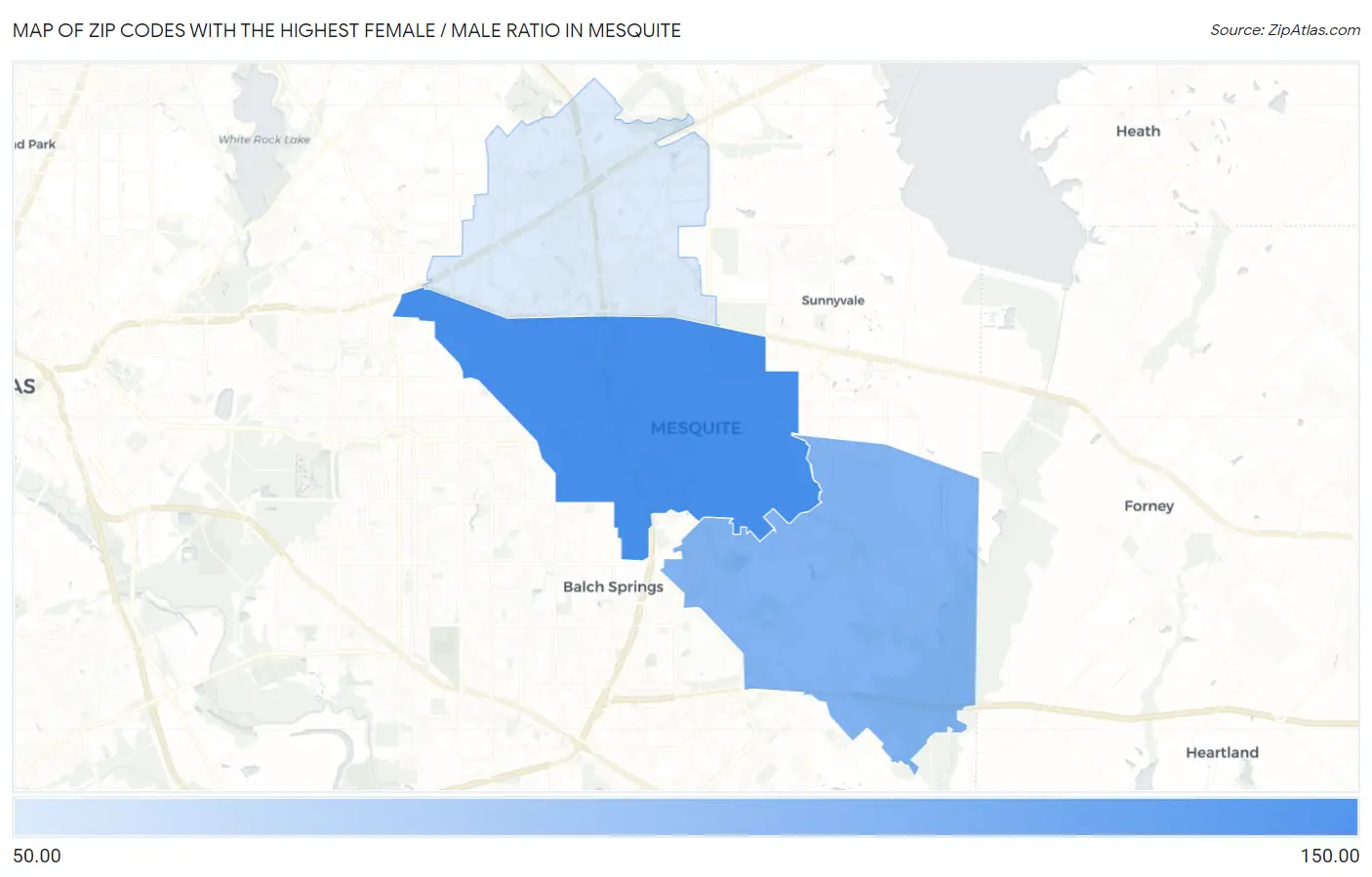 Zip Codes with the Highest Female / Male Ratio in Mesquite Map