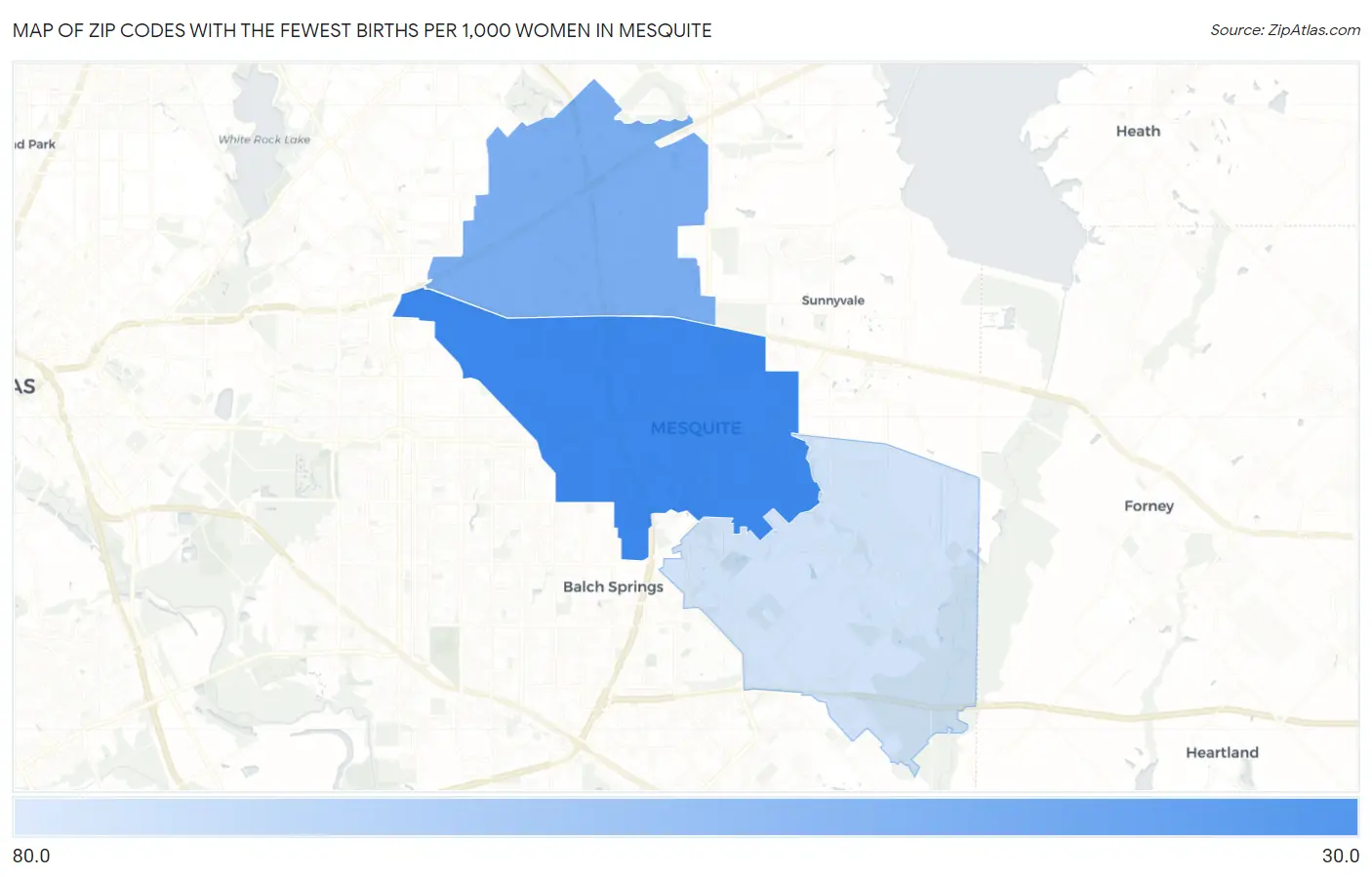 Zip Codes with the Fewest Births per 1,000 Women in Mesquite Map