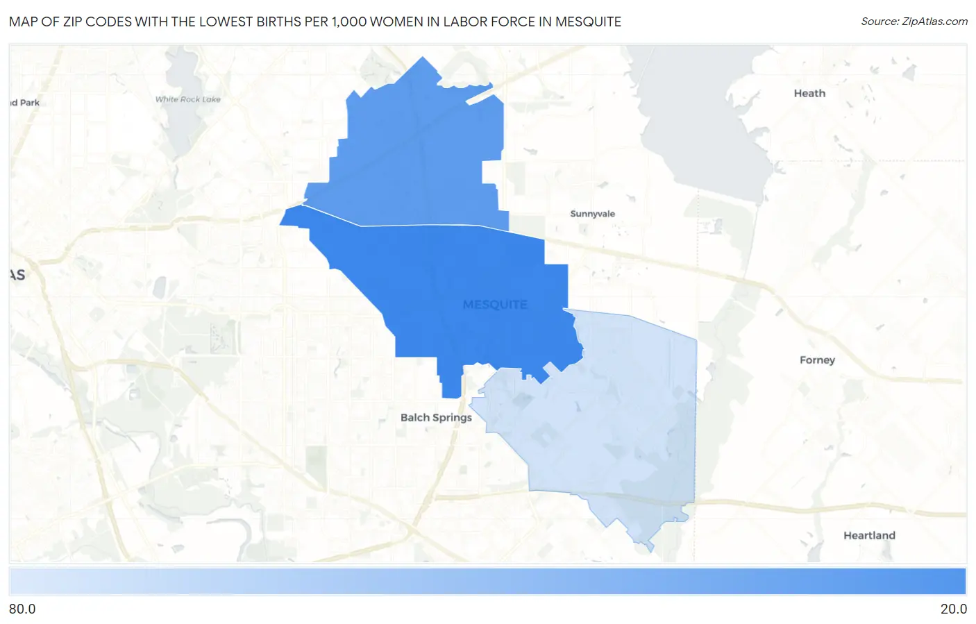 Zip Codes with the Lowest Births per 1,000 Women in Labor Force in Mesquite Map