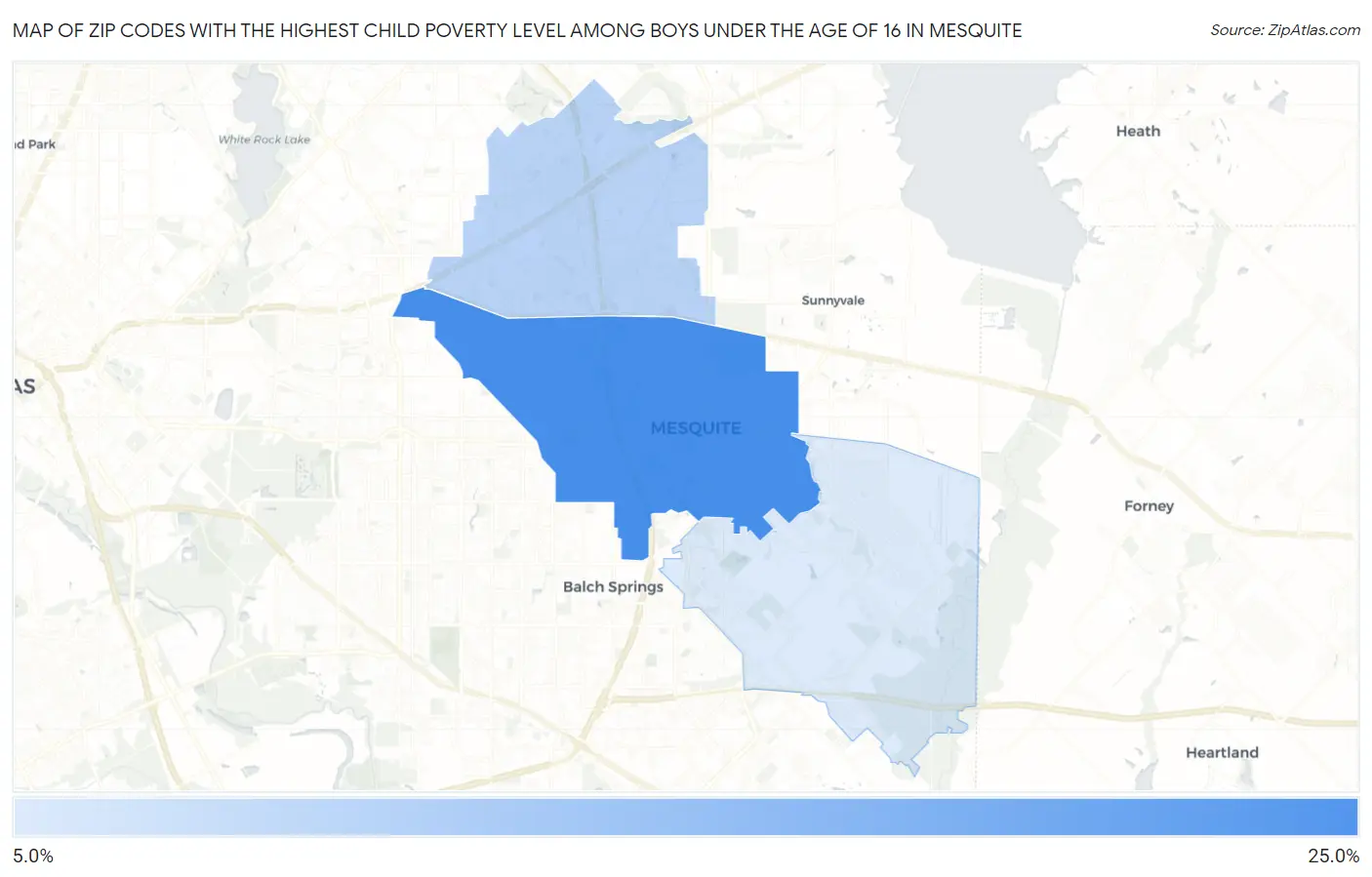 Zip Codes with the Highest Child Poverty Level Among Boys Under the Age of 16 in Mesquite Map