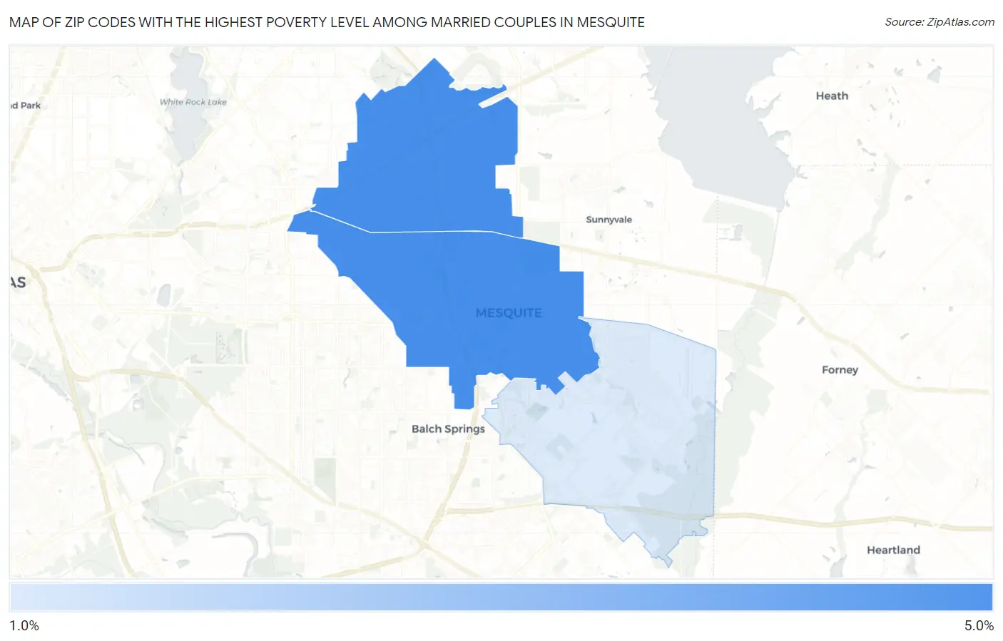 Zip Codes with the Highest Poverty Level Among Married Couples in Mesquite Map