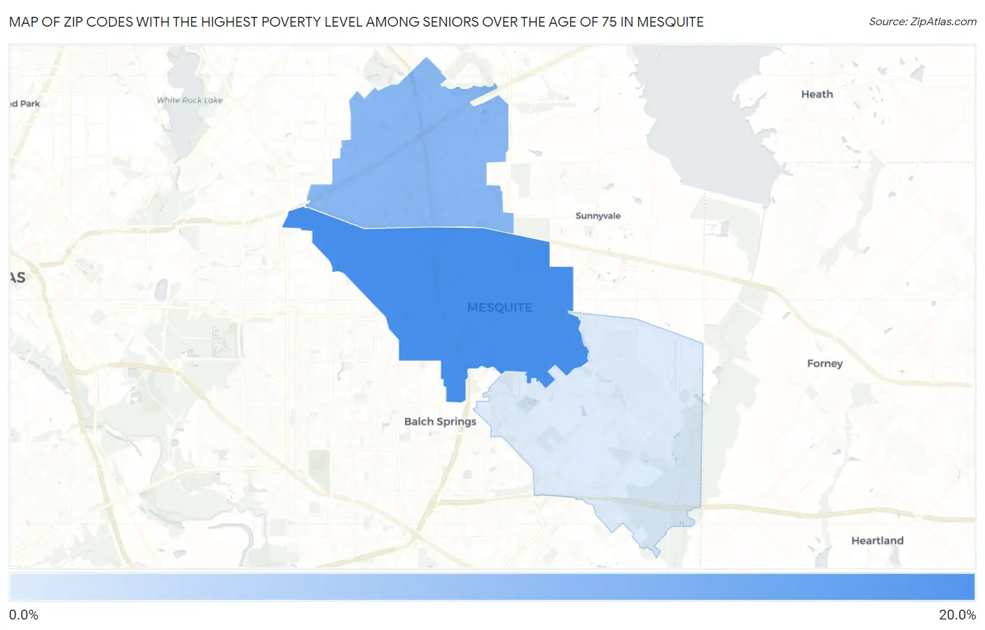 Zip Codes with the Highest Poverty Level Among Seniors Over the Age of 75 in Mesquite Map