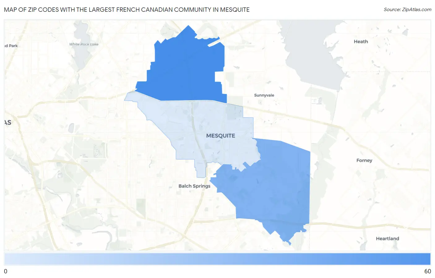 Zip Codes with the Largest French Canadian Community in Mesquite Map