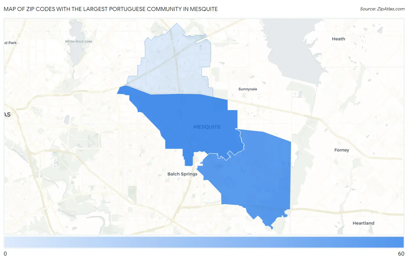 Zip Codes with the Largest Portuguese Community in Mesquite Map