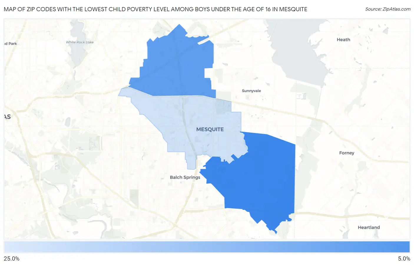 Zip Codes with the Lowest Child Poverty Level Among Boys Under the Age of 16 in Mesquite Map