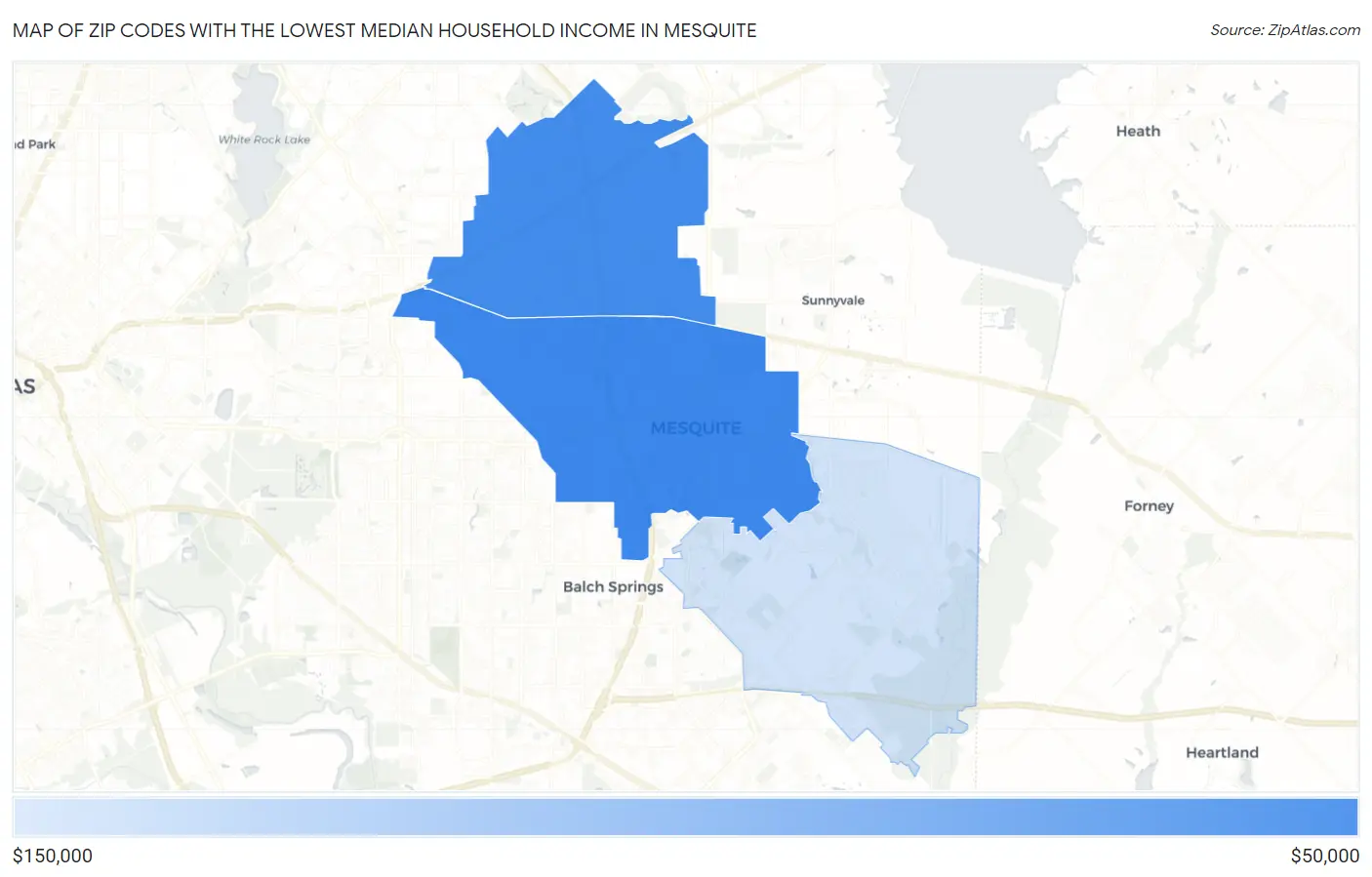 Zip Codes with the Lowest Median Household Income in Mesquite Map