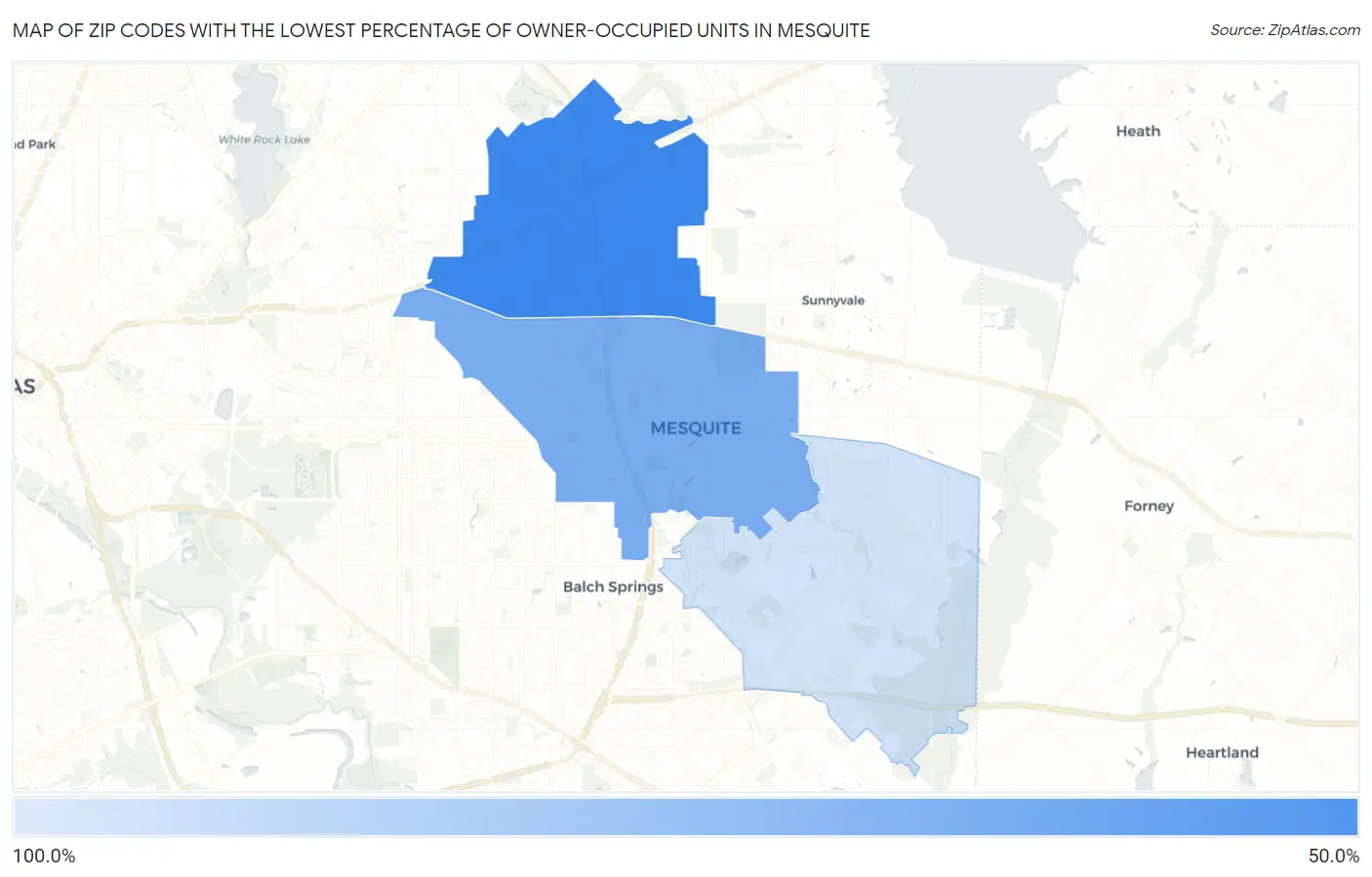 Zip Codes with the Lowest Percentage of Owner-Occupied Units in Mesquite Map