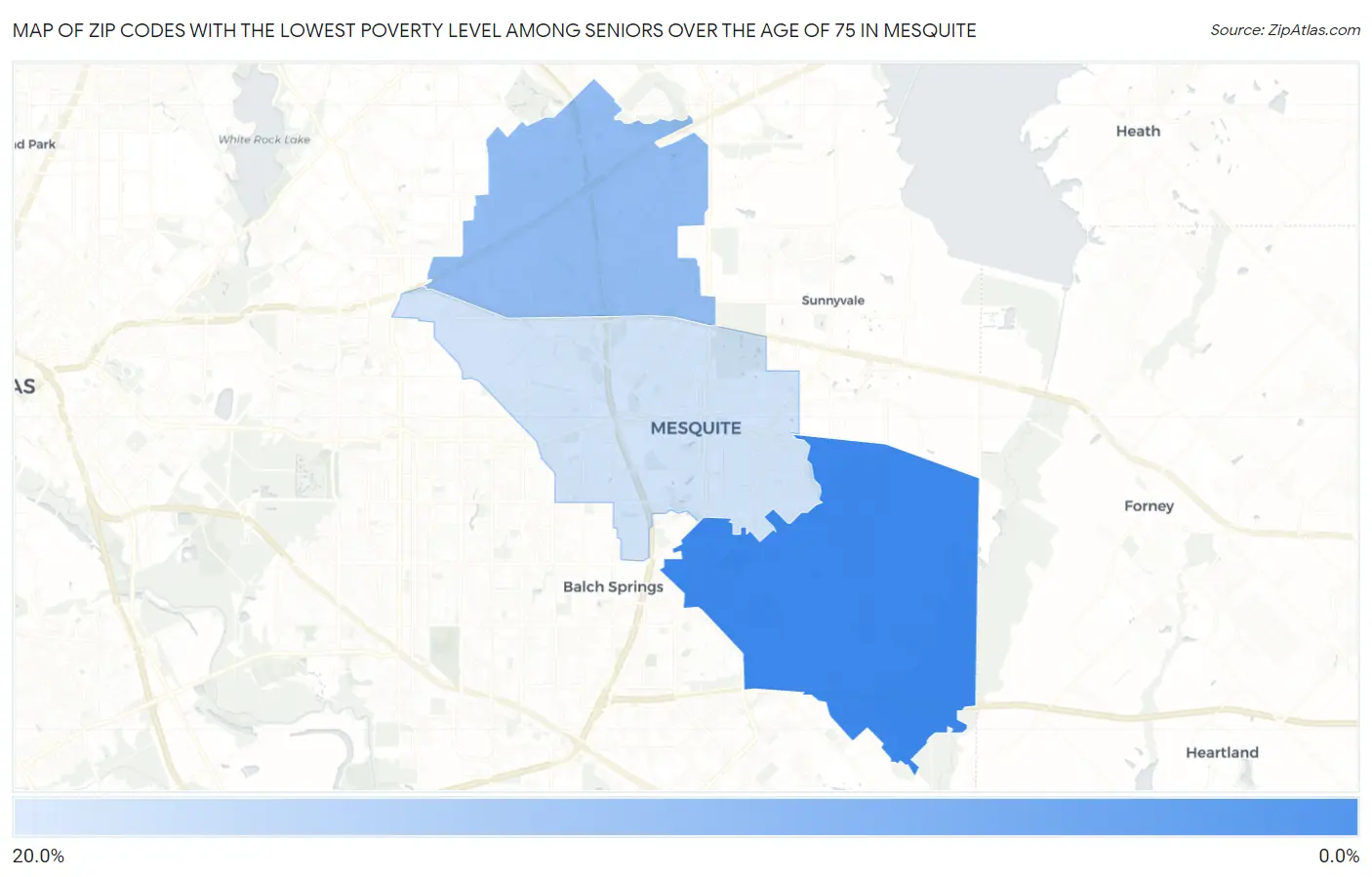 Zip Codes with the Lowest Poverty Level Among Seniors Over the Age of 75 in Mesquite Map