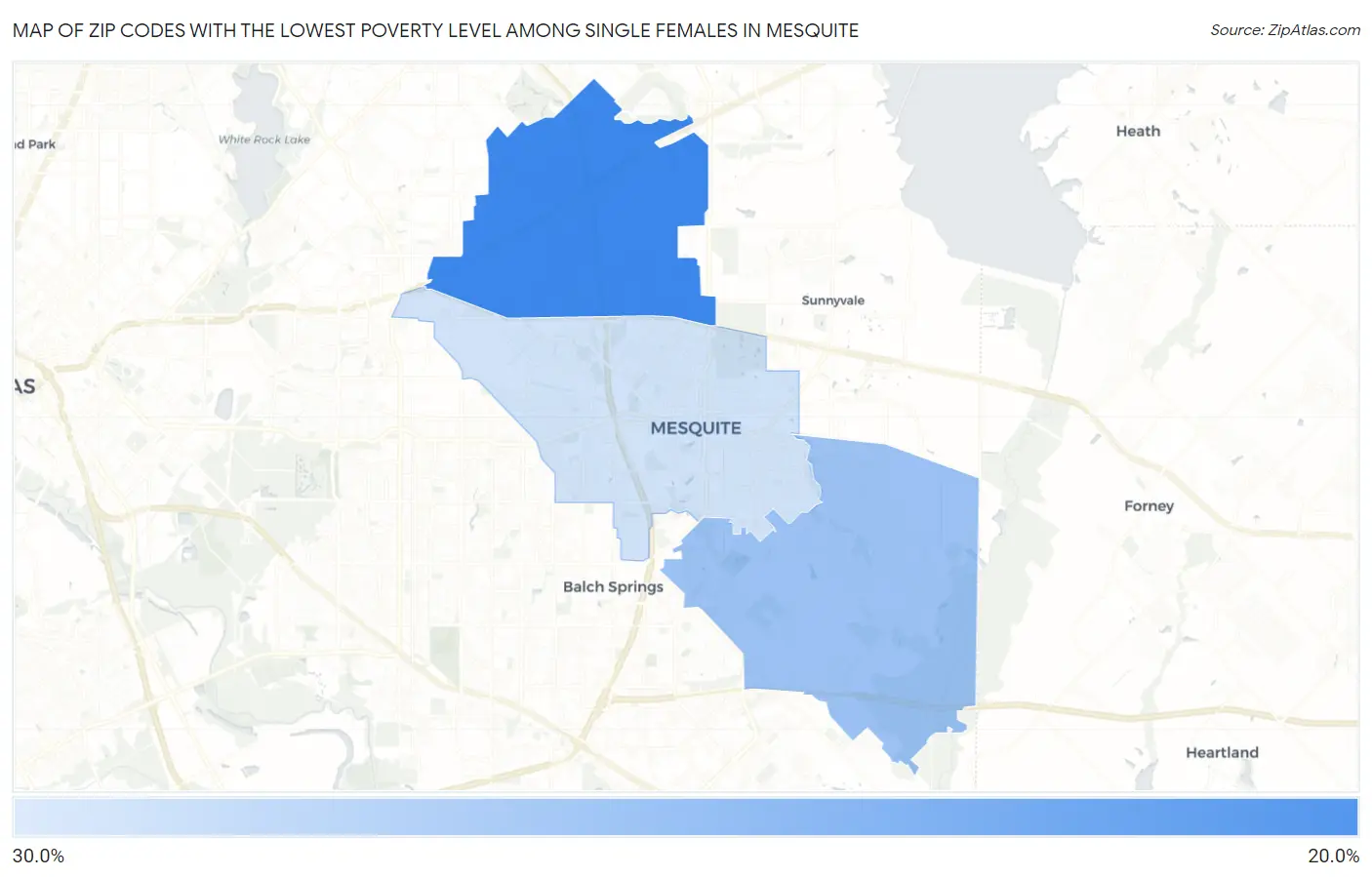Zip Codes with the Lowest Poverty Level Among Single Females in Mesquite Map