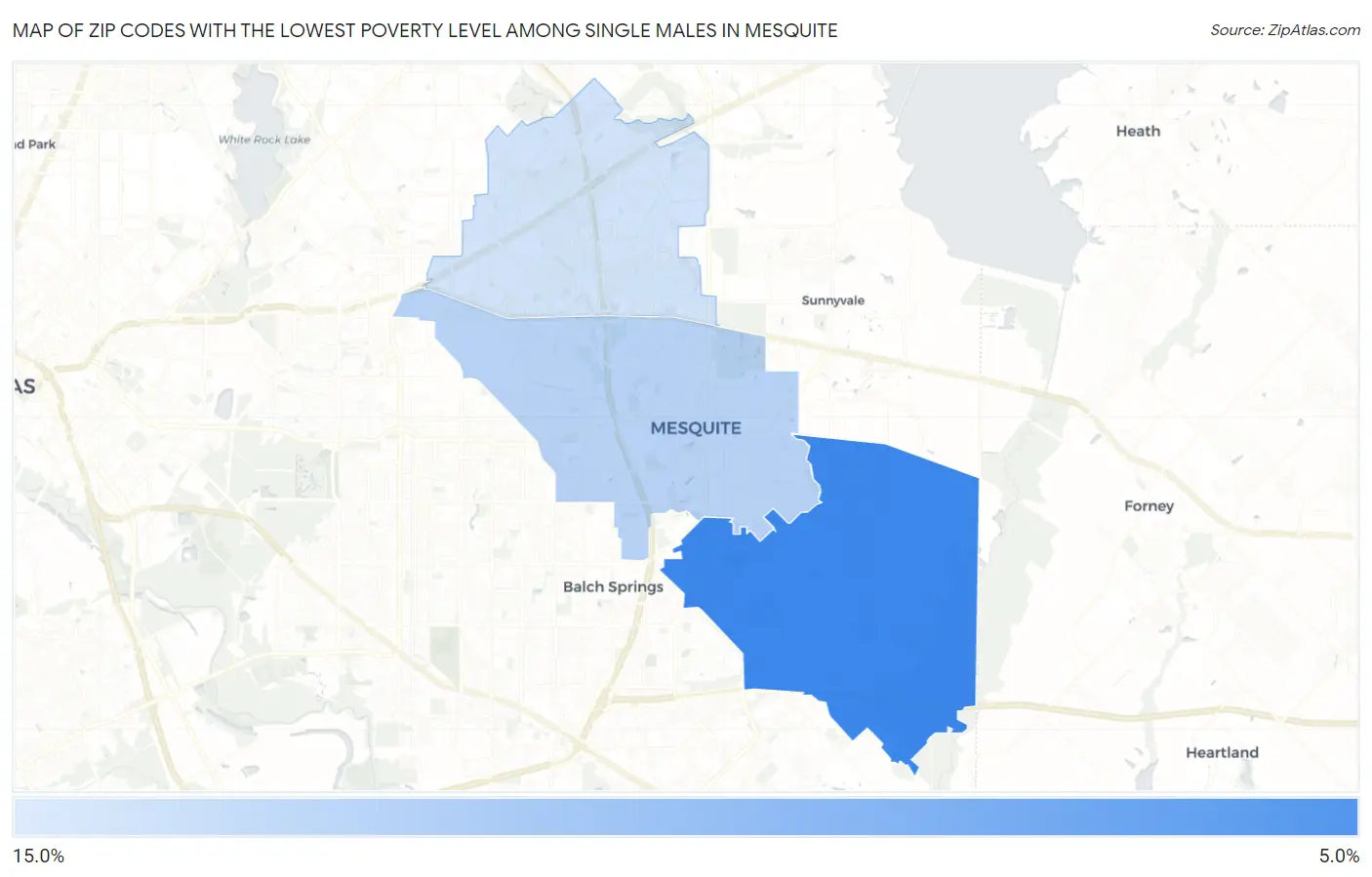 Zip Codes with the Lowest Poverty Level Among Single Males in Mesquite Map