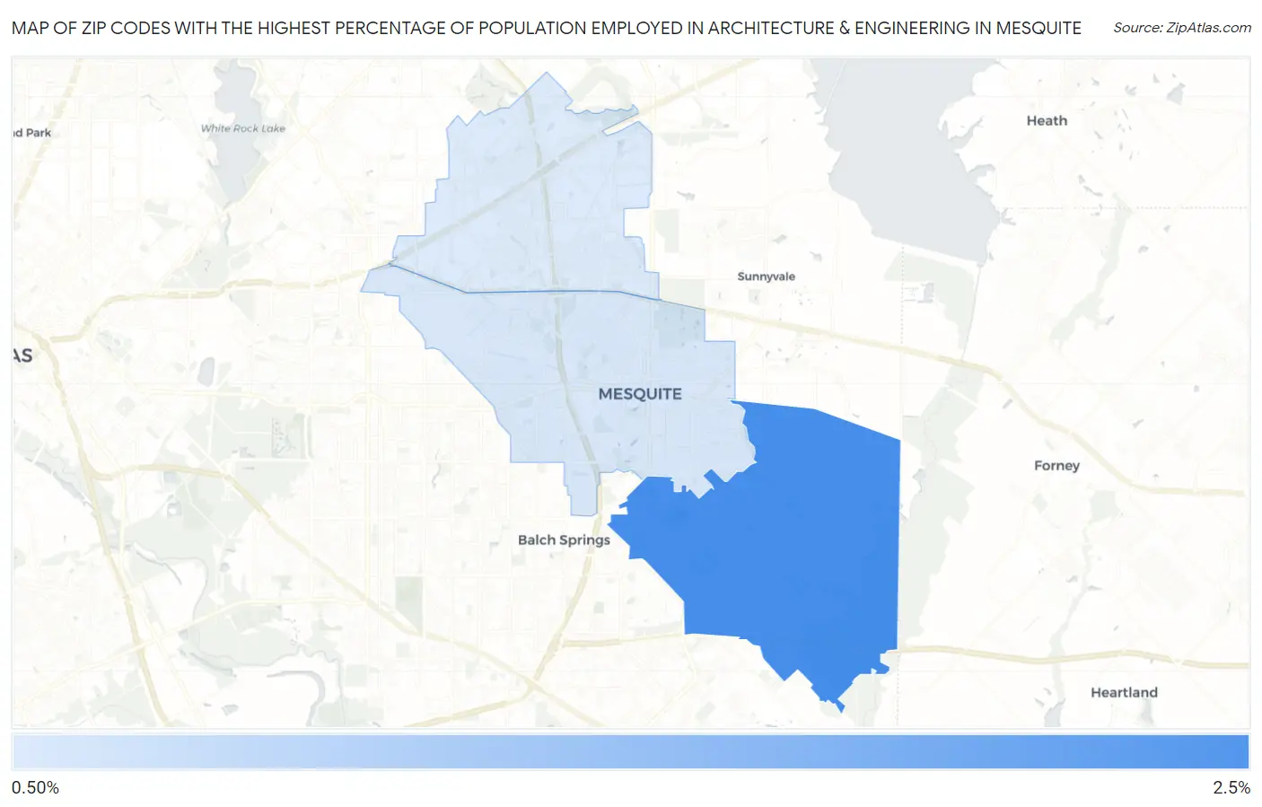 Zip Codes with the Highest Percentage of Population Employed in Architecture & Engineering in Mesquite Map