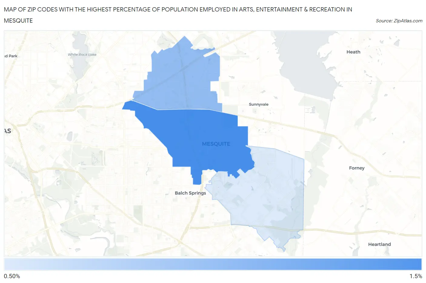 Zip Codes with the Highest Percentage of Population Employed in Arts, Entertainment & Recreation in Mesquite Map