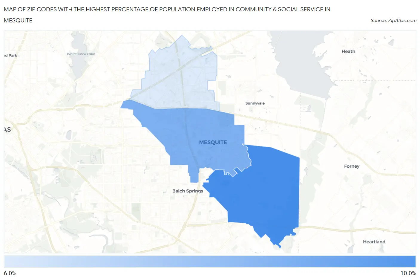 Zip Codes with the Highest Percentage of Population Employed in Community & Social Service  in Mesquite Map