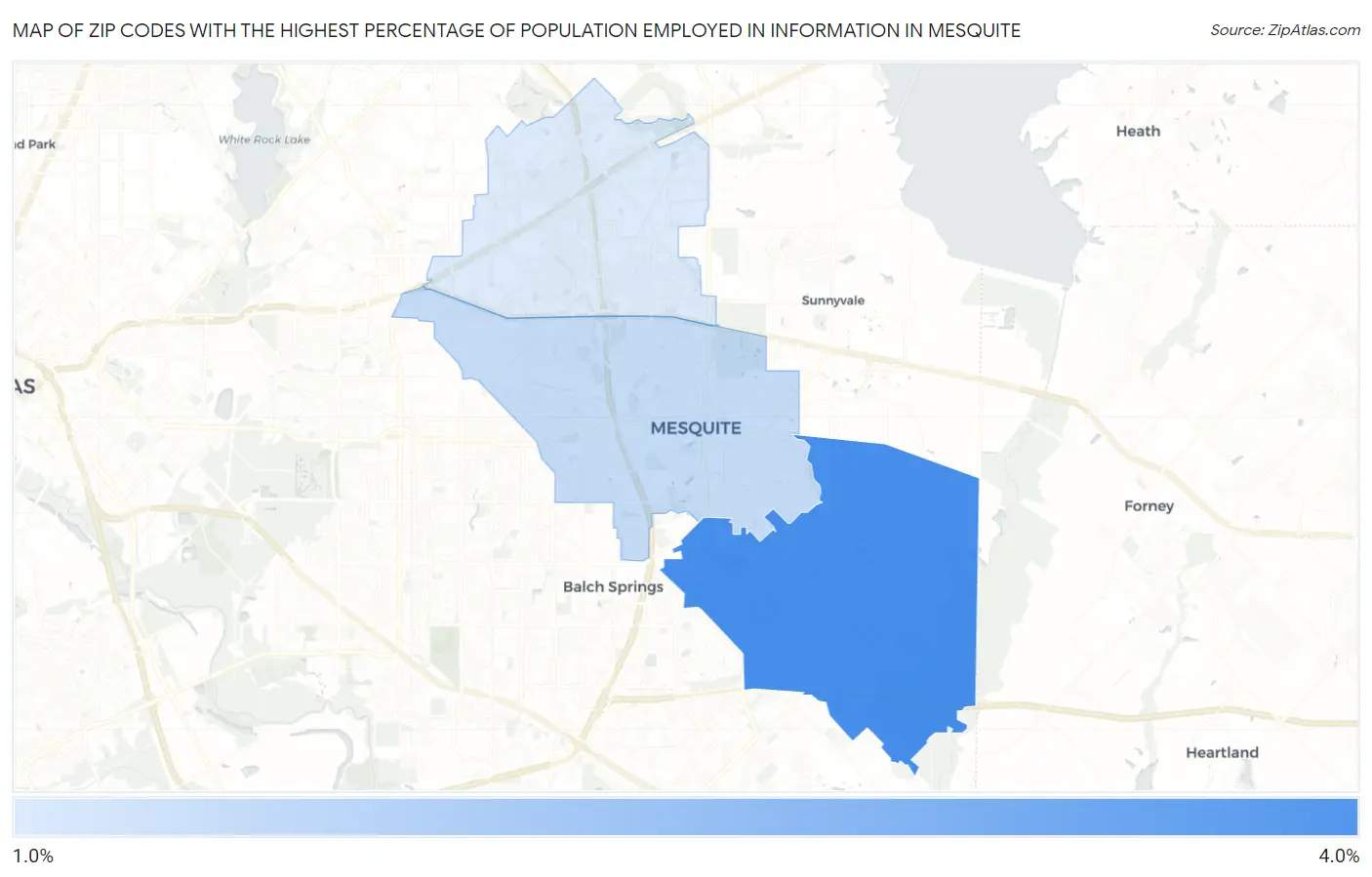 Zip Codes with the Highest Percentage of Population Employed in Information in Mesquite Map