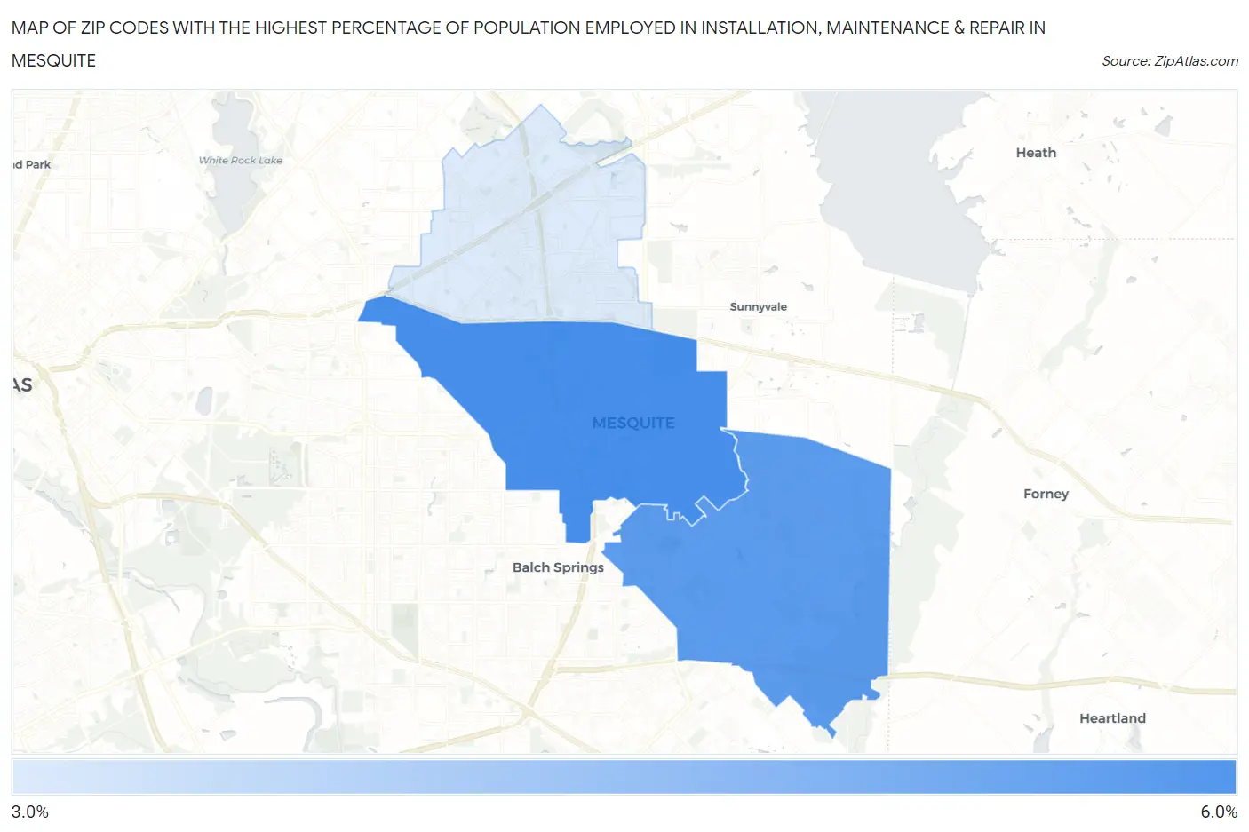 Zip Codes with the Highest Percentage of Population Employed in Installation, Maintenance & Repair in Mesquite Map