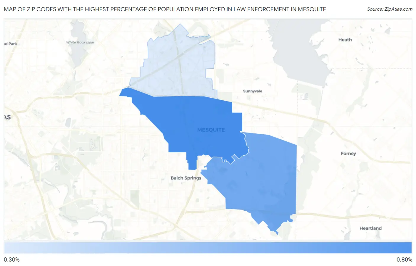 Zip Codes with the Highest Percentage of Population Employed in Law Enforcement in Mesquite Map