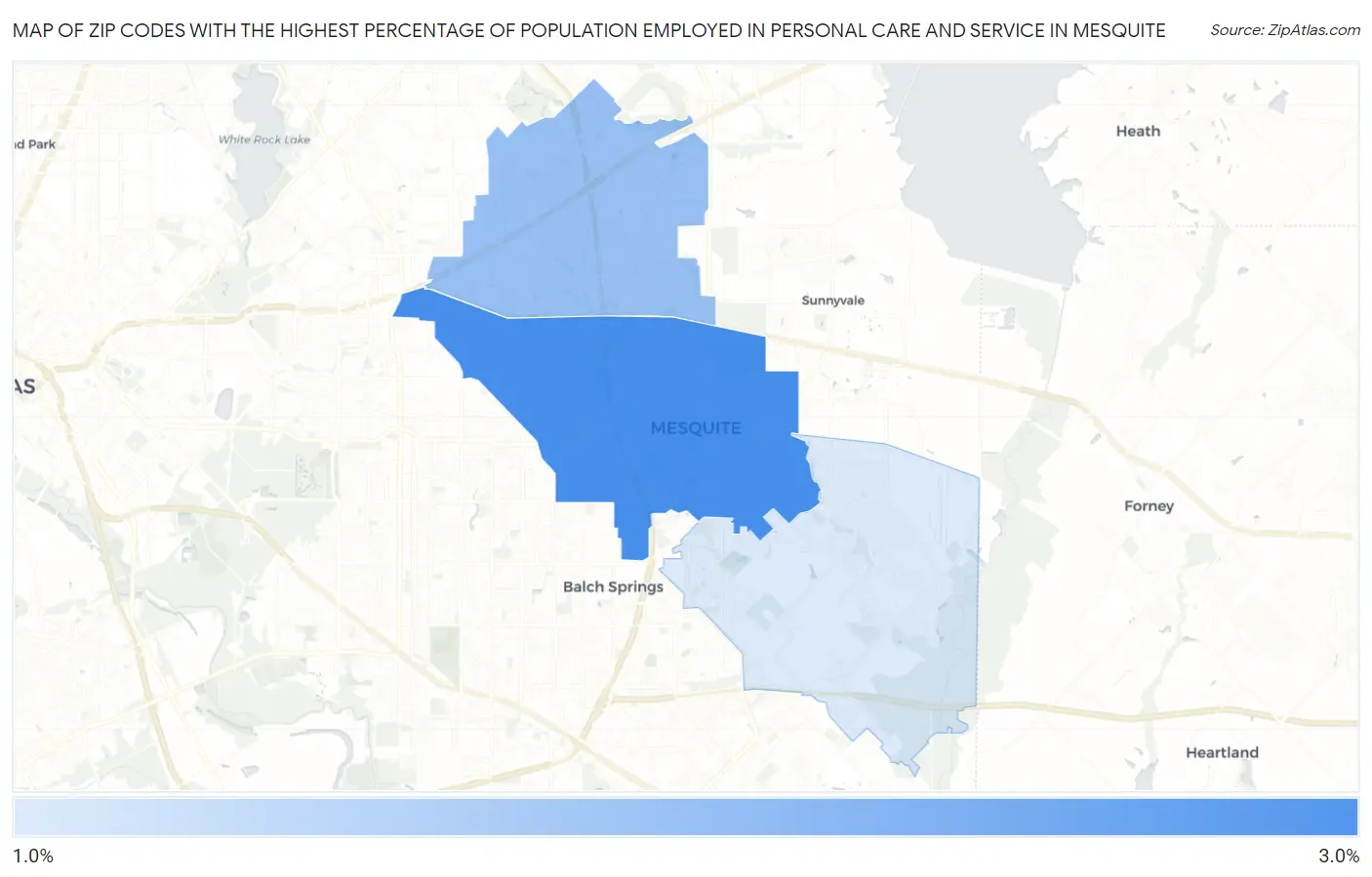 Zip Codes with the Highest Percentage of Population Employed in Personal Care and Service in Mesquite Map