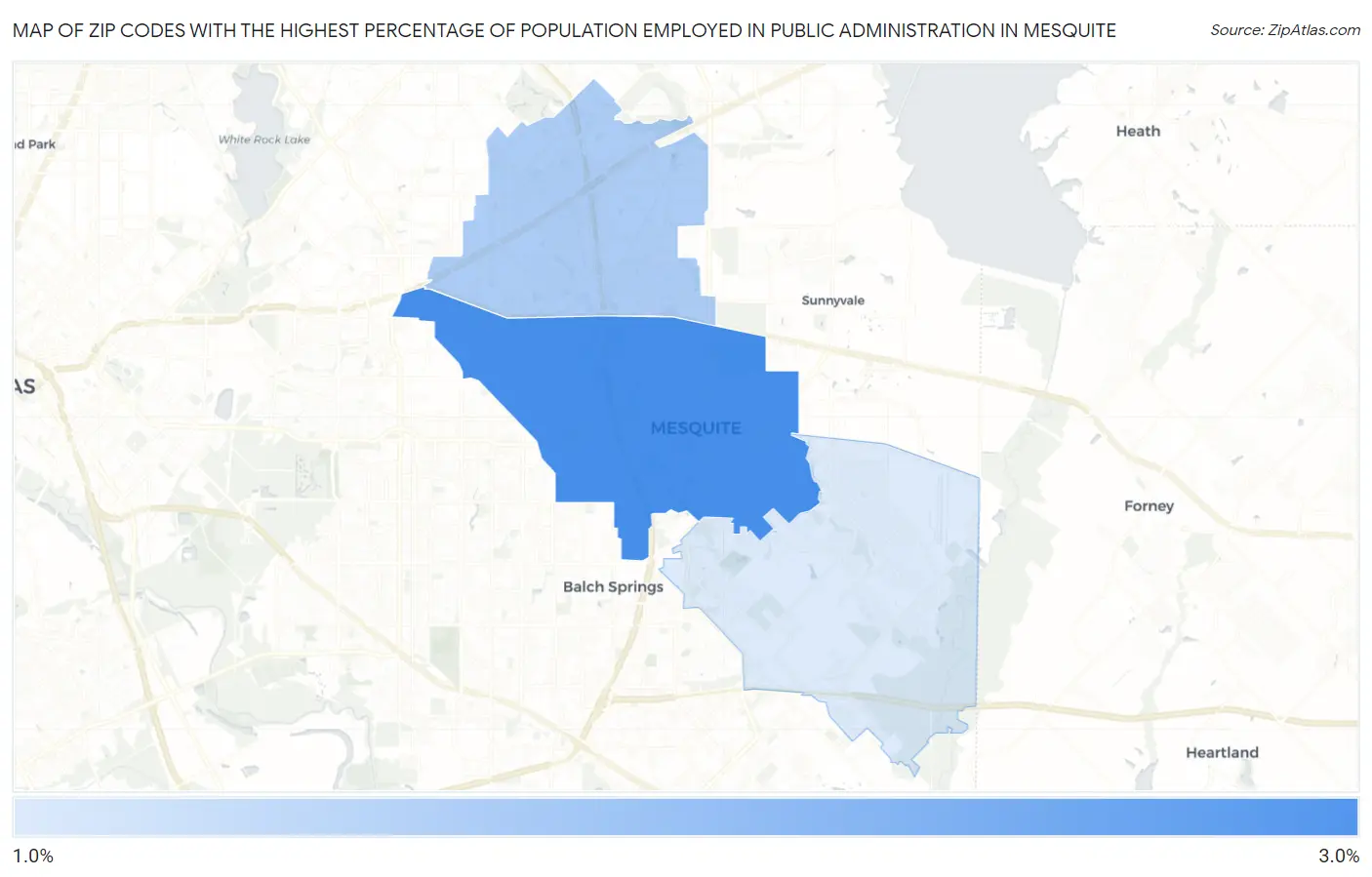 Zip Codes with the Highest Percentage of Population Employed in Public Administration in Mesquite Map