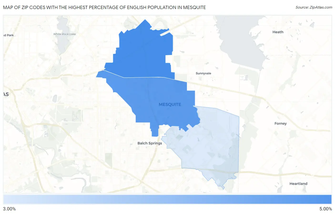 Zip Codes with the Highest Percentage of English Population in Mesquite Map