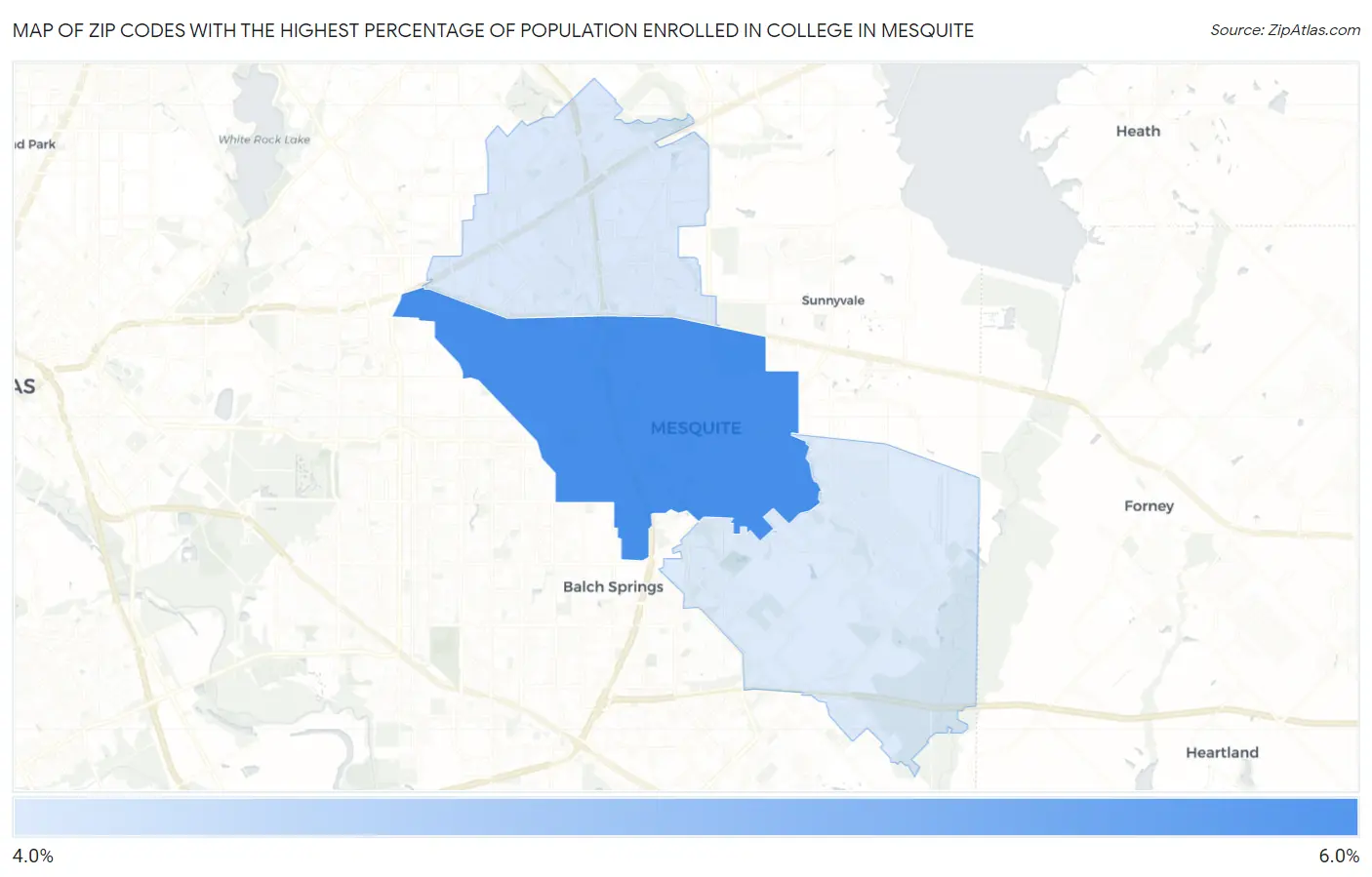 Zip Codes with the Highest Percentage of Population Enrolled in College in Mesquite Map