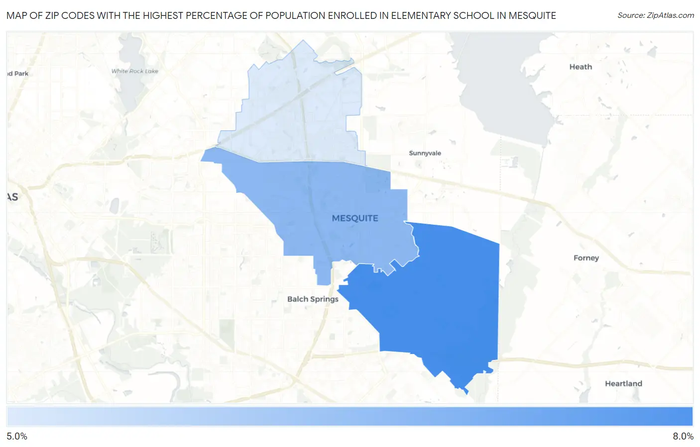 Zip Codes with the Highest Percentage of Population Enrolled in Elementary School in Mesquite Map