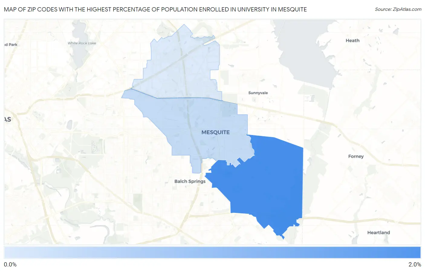 Zip Codes with the Highest Percentage of Population Enrolled in University in Mesquite Map