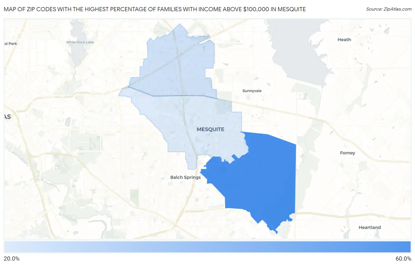 Zip Codes with the Highest Percentage of Families with Income Above $100,000 in Mesquite Map