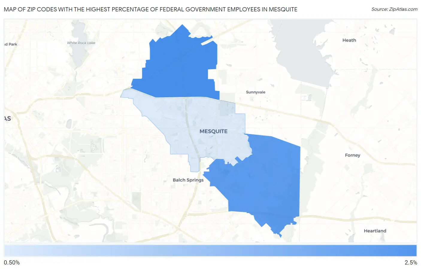 Zip Codes with the Highest Percentage of Federal Government Employees in Mesquite Map