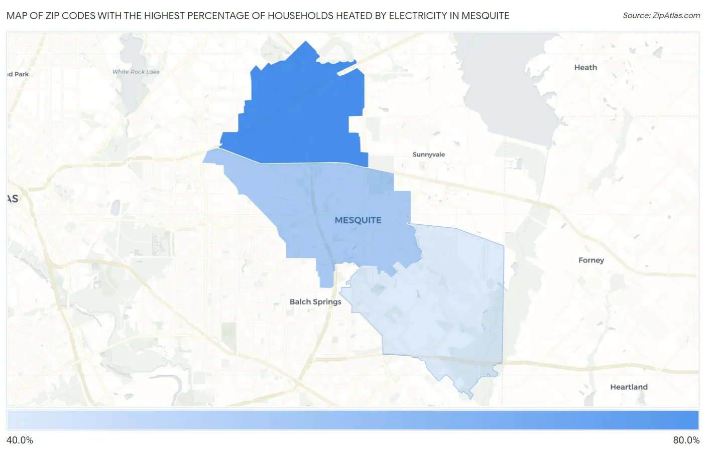 Zip Codes with the Highest Percentage of Households Heated by Electricity in Mesquite Map