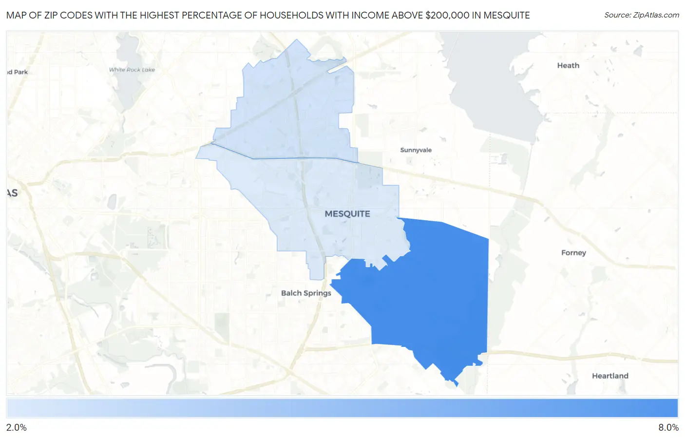 Zip Codes with the Highest Percentage of Households with Income Above $200,000 in Mesquite Map