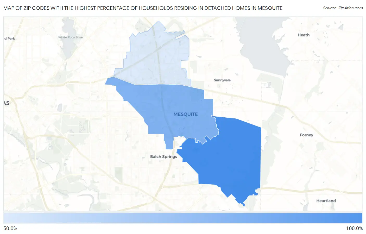 Zip Codes with the Highest Percentage of Households Residing in Detached Homes in Mesquite Map