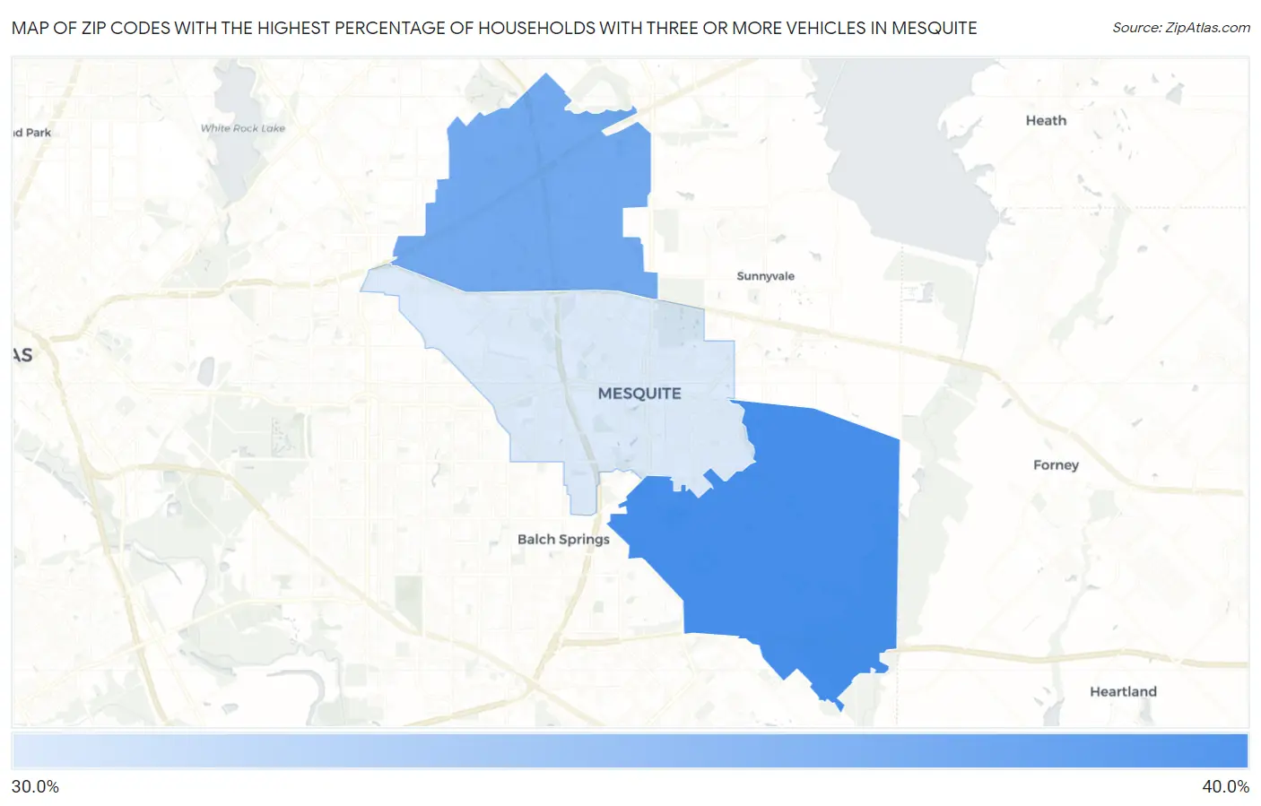 Zip Codes with the Highest Percentage of Households With Three or more Vehicles in Mesquite Map