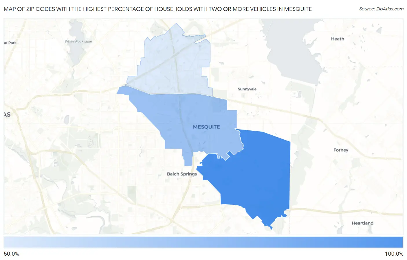 Zip Codes with the Highest Percentage of Households With Two or more Vehicles in Mesquite Map