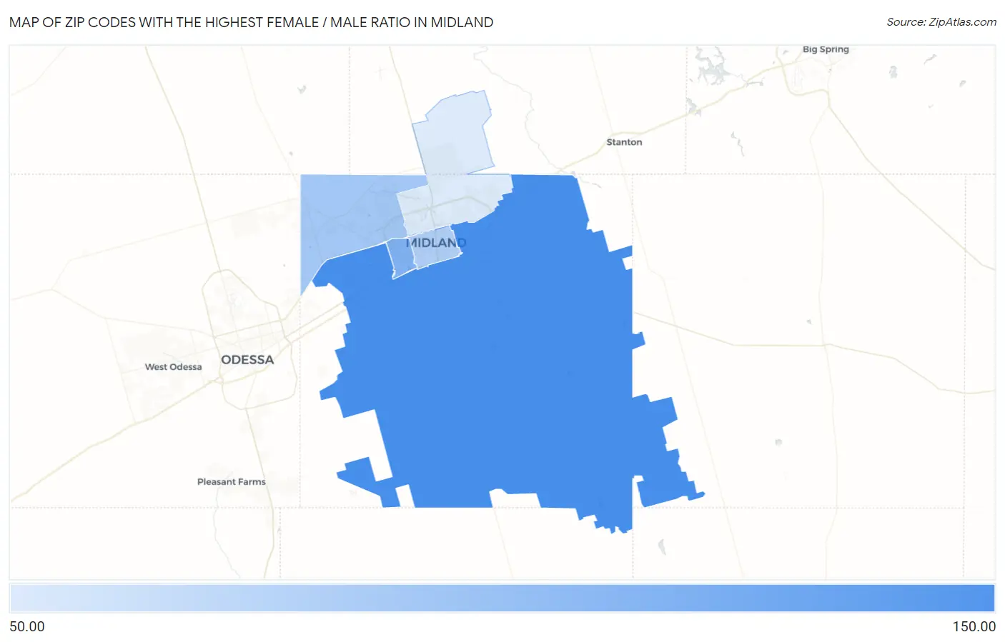 Zip Codes with the Highest Female / Male Ratio in Midland Map