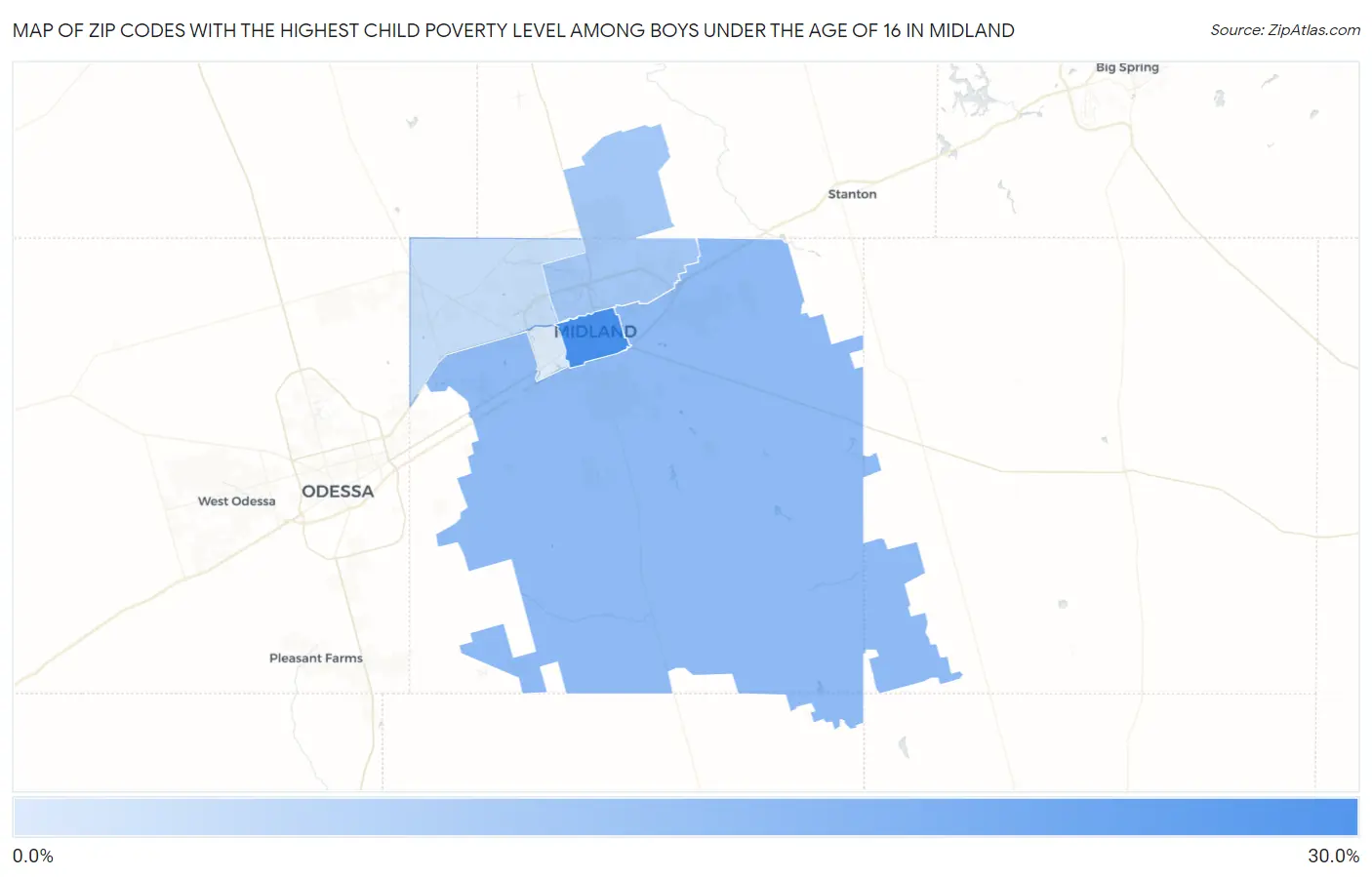 Zip Codes with the Highest Child Poverty Level Among Boys Under the Age of 16 in Midland Map