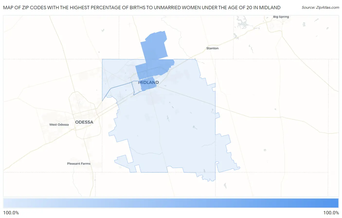 Zip Codes with the Highest Percentage of Births to Unmarried Women under the Age of 20 in Midland Map
