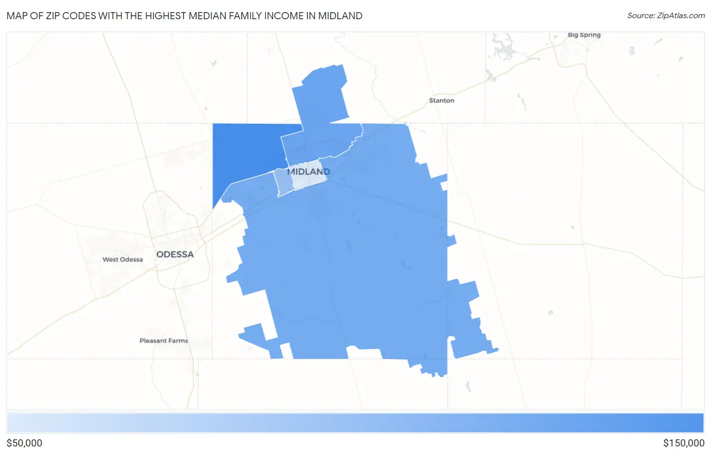 Zip Codes with the Highest Median Family Income in Midland Map