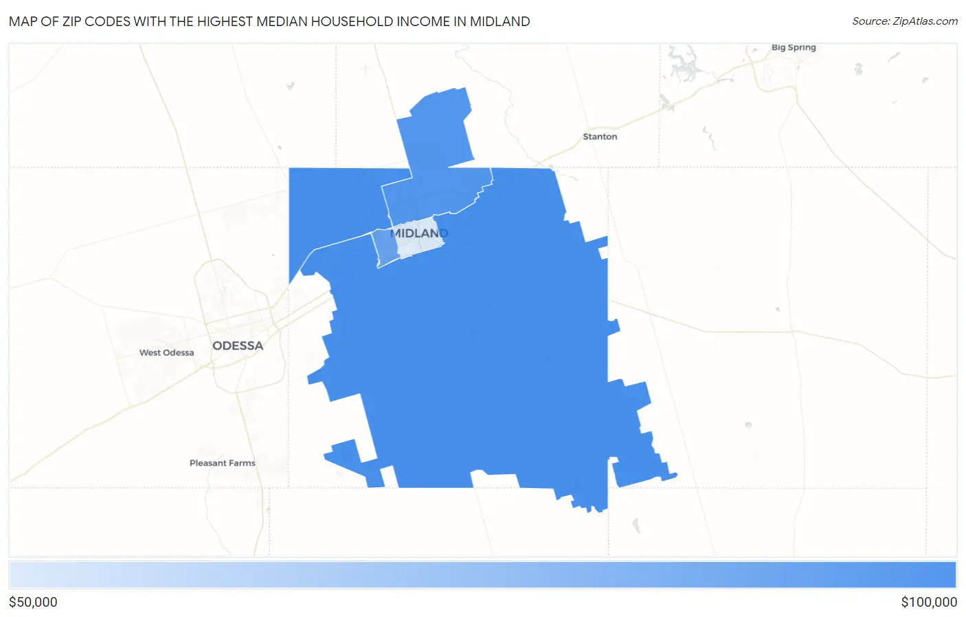 Zip Codes with the Highest Median Household Income in Midland Map
